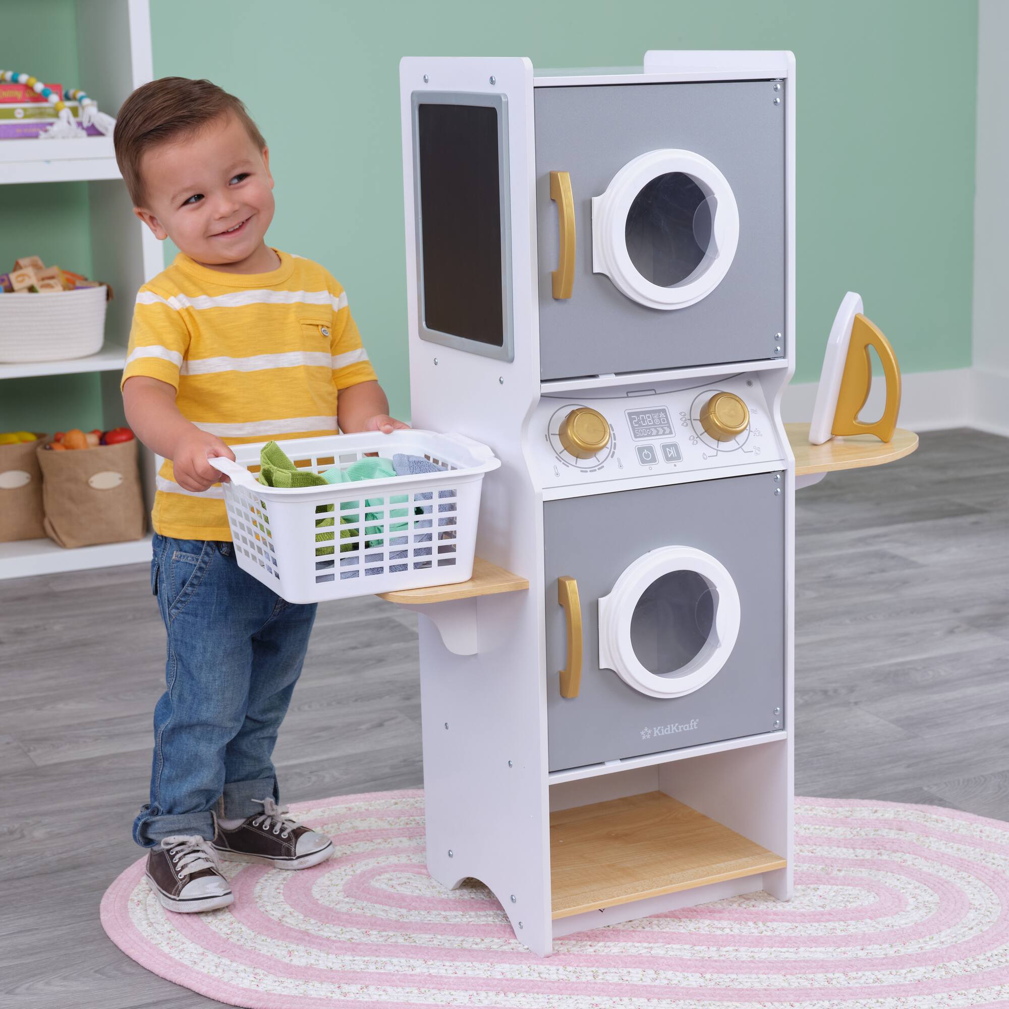 KidKraft White Wooden Laundry Play Set, Stacking Washer & Dryer with Iron & Basket
